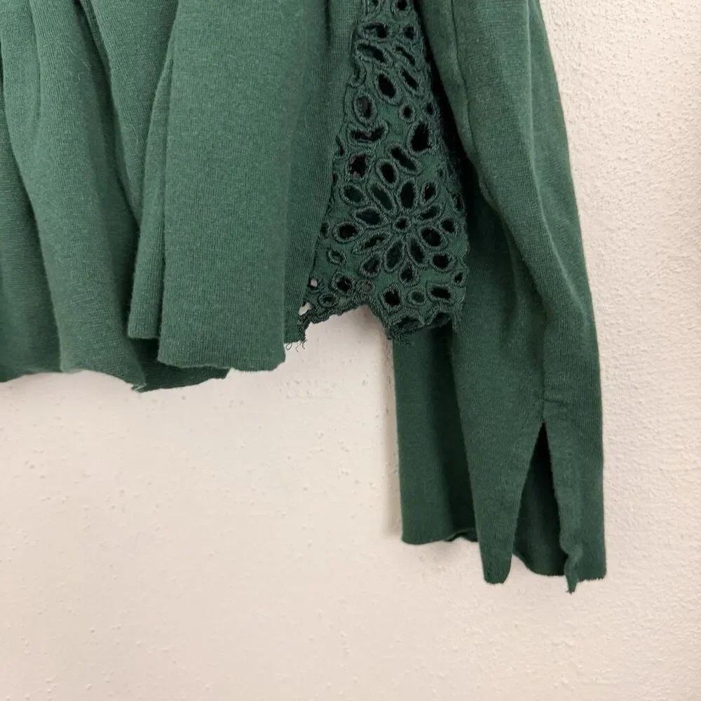 Free People Eyelet Crop Top Brittany Embroidered Sz Medium Green Long Sleeves